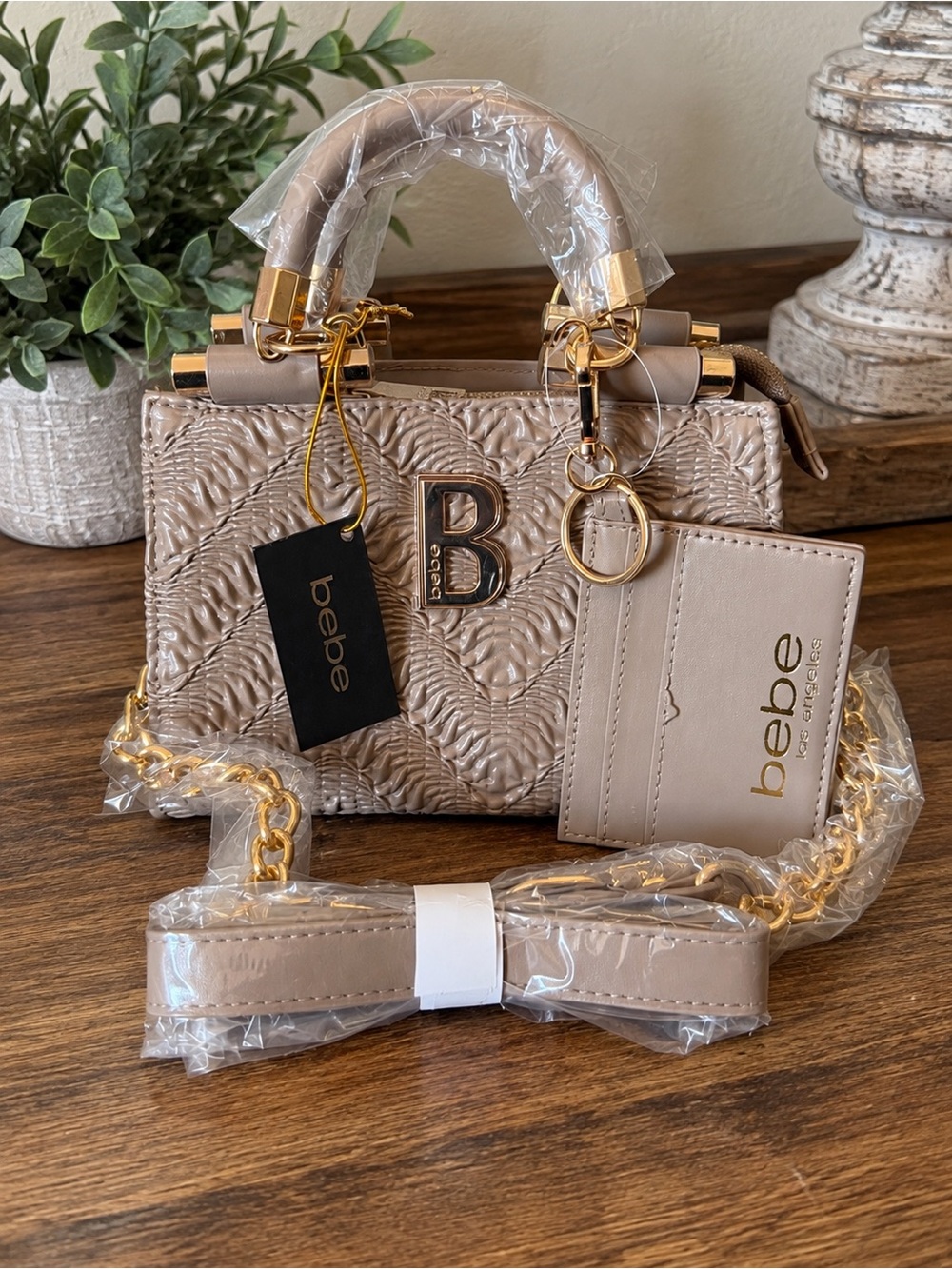 bebe Taupe Quilted Mini Satchel with Gold Hardware and Card Holder NWT
